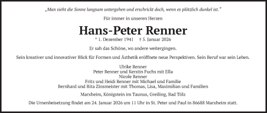 Traueranzeige von Hans-Peter Renner von merkurtz