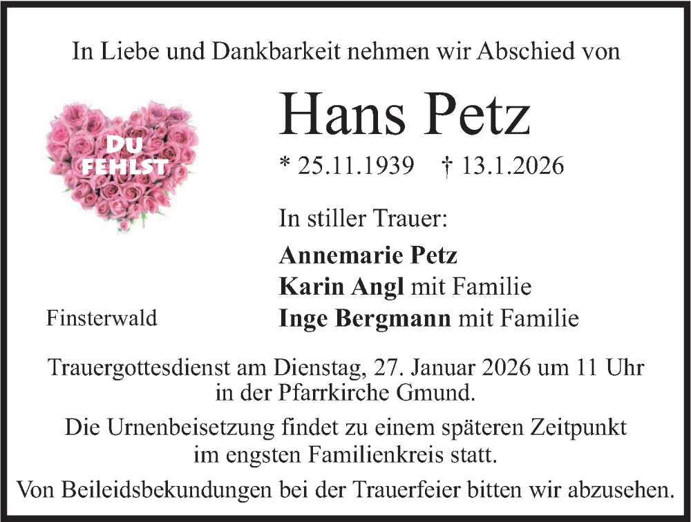  Traueranzeige für Hans Petz vom 24.01.2026 aus merkurtz