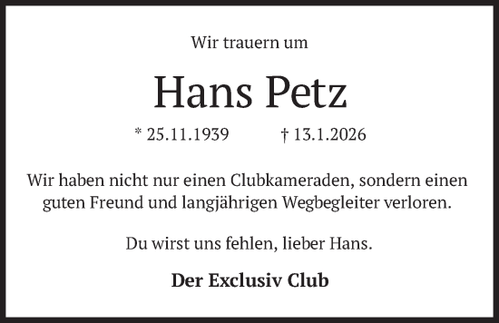 Traueranzeige von Hans Petz von merkurtz