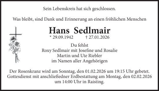 Traueranzeige von Hans Sedlmair von merkurtz