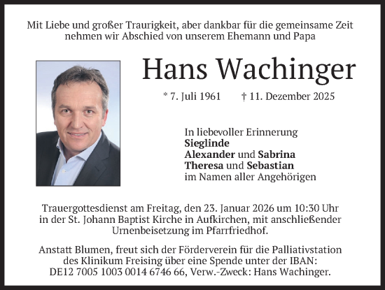 Traueranzeige von Hans Wachinger von merkurtz