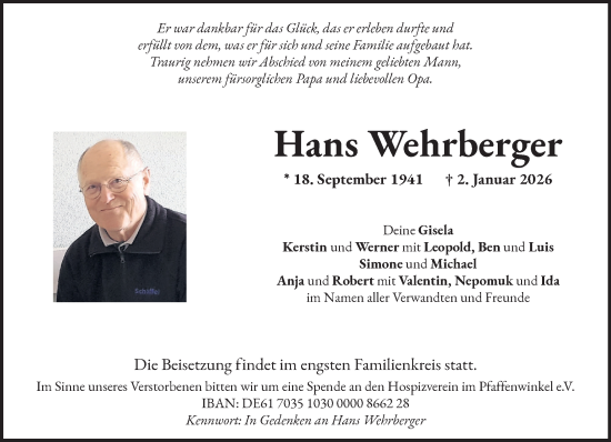 Traueranzeige von Hans Wehrberger von Das Gelbe Blatt Penzberg