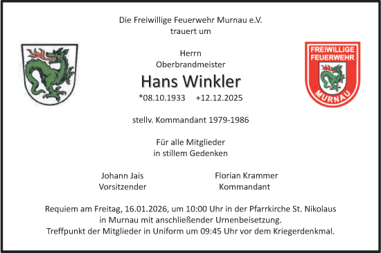 Traueranzeige von Hans Winkler von merkurtz