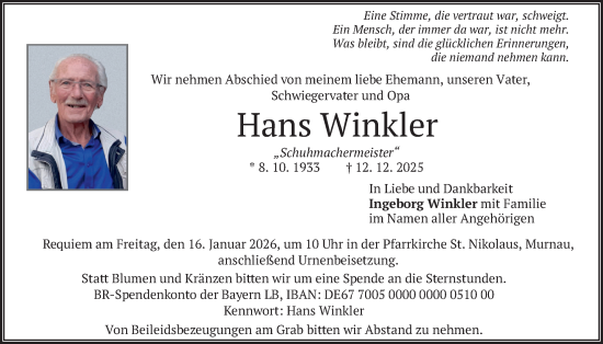 Traueranzeige von Hans Winkler von merkurtz