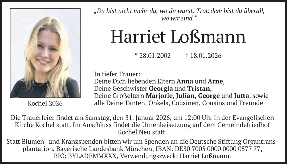 Traueranzeige für Harriet Loßmann vom 27.01.2026 aus merkurtz