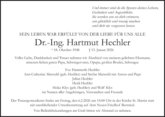 Traueranzeige von Hartmut Hechler von merkurtz
