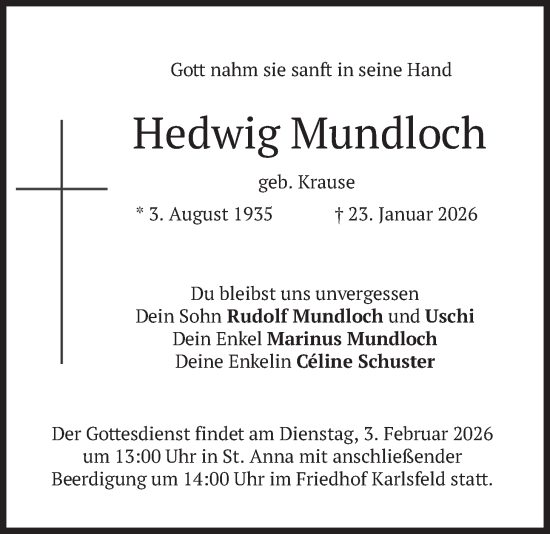 Traueranzeige von Hedwig Mundloch von merkurtz