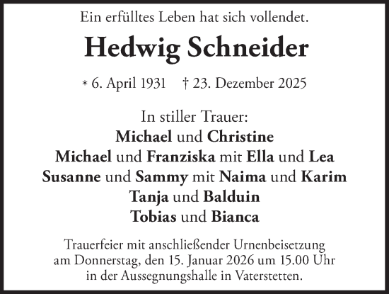 Traueranzeige von Hedwig Schneider von merkurtz