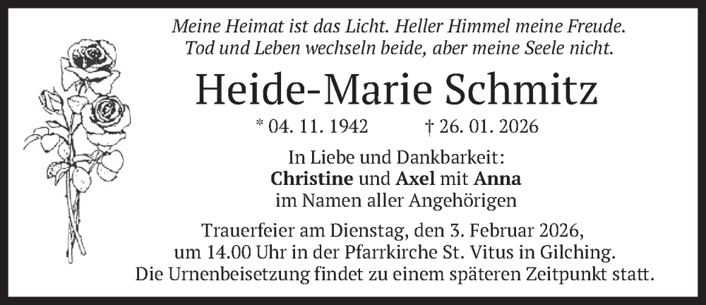  Traueranzeige für Heide-Marie Schmitz vom 31.01.2026 aus merkurtz