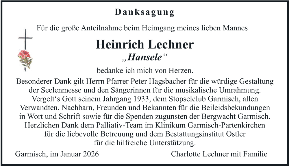  Traueranzeige für Heinrich Lechner vom 03.01.2026 aus merkurtz