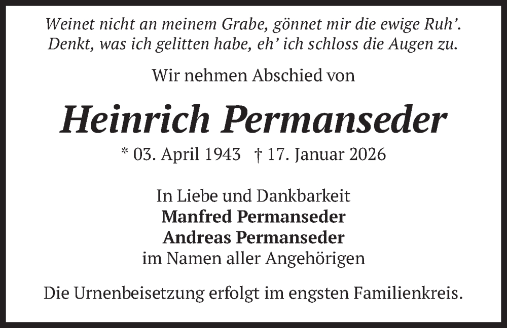  Traueranzeige für Heinrich Permanseder vom 31.01.2026 aus merkurtz