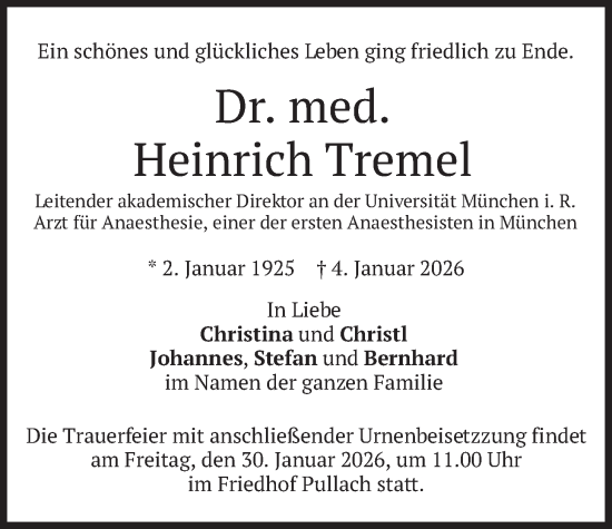 Traueranzeige von Heinrich Tremel von merkurtz
