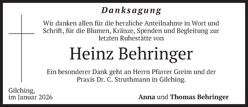  Traueranzeige für Heinz Behringer vom 03.01.2026 aus merkurtz