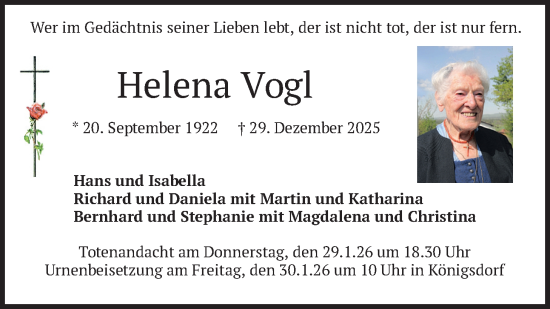 Traueranzeige von Helena Vogl von merkurtz