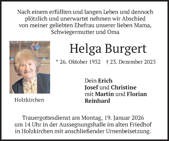 Traueranzeige von Helga Burgert von merkurtz