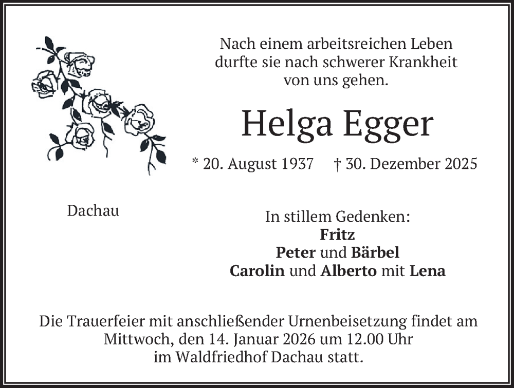  Traueranzeige für Helga Egger vom 13.01.2026 aus merkurtz