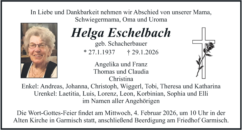  Traueranzeige für Helga Eschelbach vom 31.01.2026 aus merkurtz
