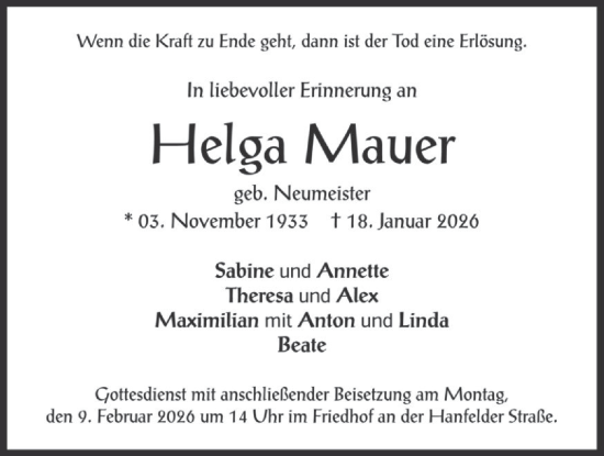 Traueranzeige von Helga Mauer von merkurtz