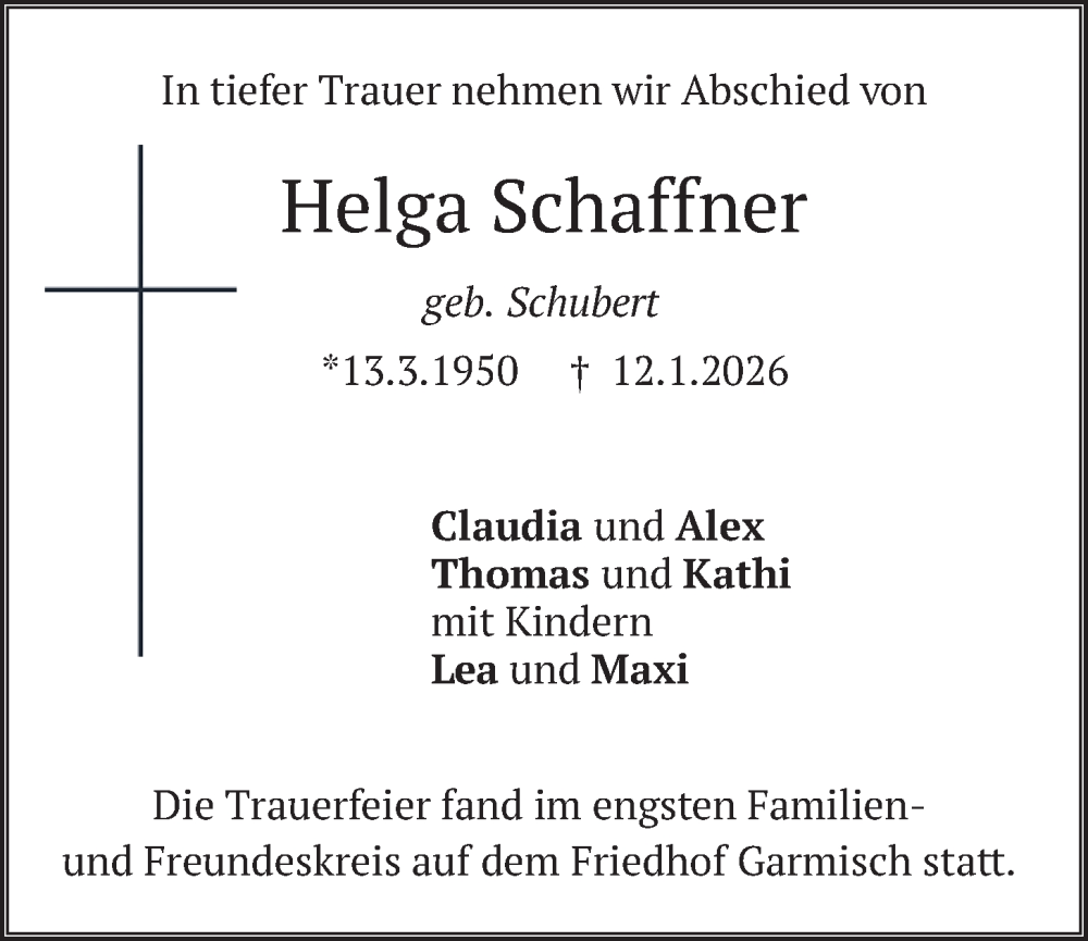 Traueranzeige für Helga Schaffner vom 24.01.2026 aus merkurtz