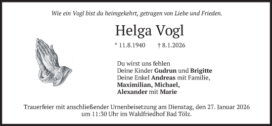 Traueranzeige von Helga Vogl von merkurtz