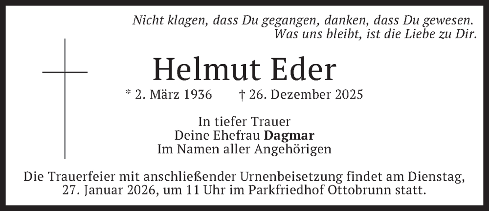  Traueranzeige für Helmut Eder vom 24.01.2026 aus merkurtz