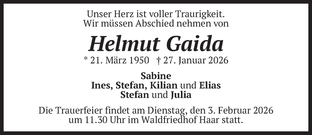  Traueranzeige für Helmut Gaida vom 31.01.2026 aus merkurtz