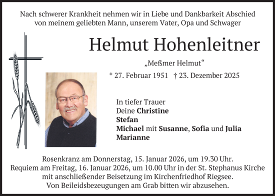 Traueranzeige von Helmut Hohenleitner von merkurtz