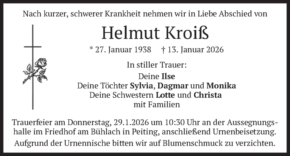  Traueranzeige für Helmut Kroiß vom 24.01.2026 aus merkurtz