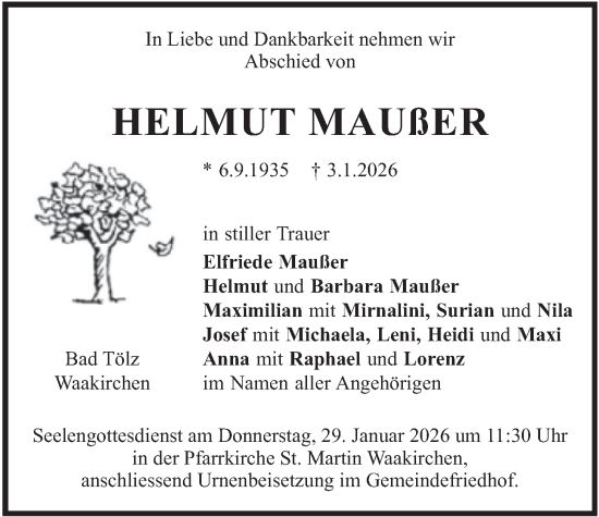 Traueranzeige von Helmut Maußer von merkurtz
