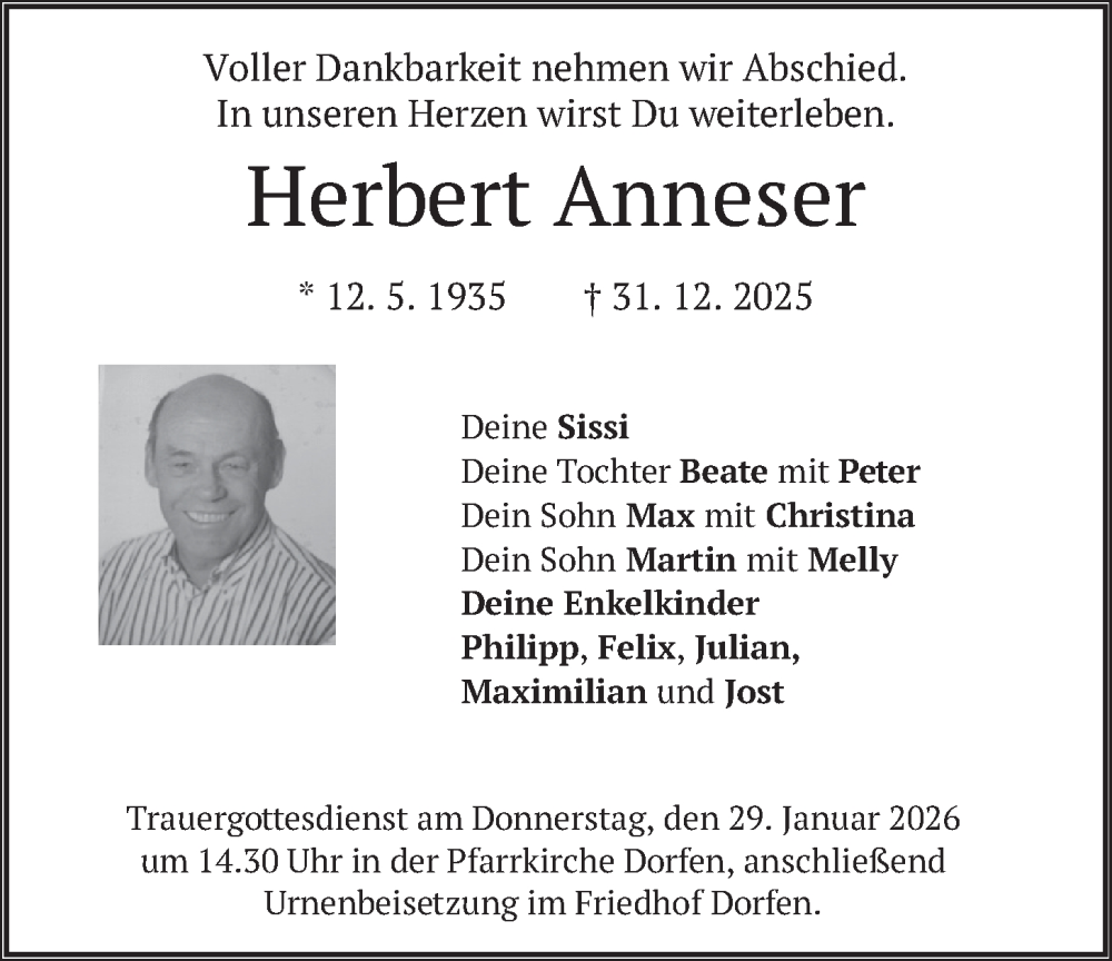  Traueranzeige für Herbert Anneser vom 24.01.2026 aus merkurtz
