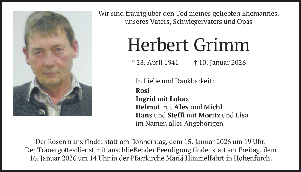  Traueranzeige für Herbert Grimm vom 14.01.2026 aus merkurtz