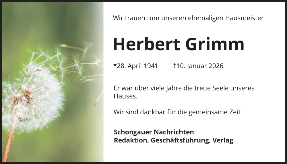  Traueranzeige für Herbert Grimm vom 17.01.2026 aus merkurtz