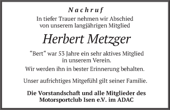 Traueranzeige von Herbert Metzger von merkurtz