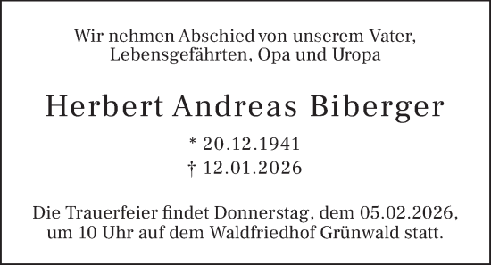 Traueranzeige von Herbert Andreas Biberger von merkurtz