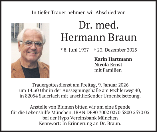 Traueranzeige von Hermann Braun von merkurtz