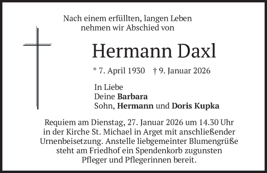 Traueranzeige von Hermann Daxl von merkurtz