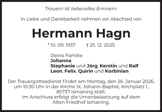 Traueranzeige von Hermann Hagn von merkurtz