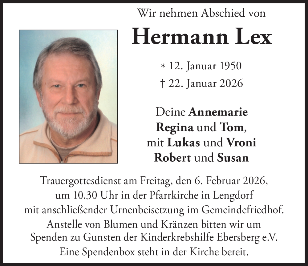  Traueranzeige für Hermann Lex vom 31.01.2026 aus merkurtz