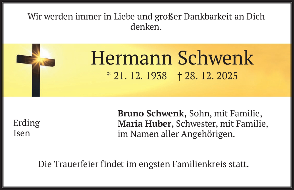  Traueranzeige für Hermann Schwenk vom 07.01.2026 aus merkurtz