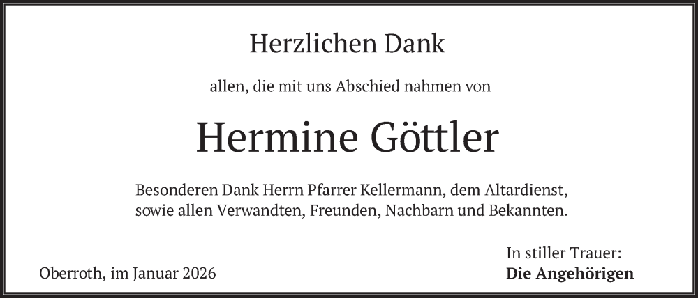  Traueranzeige für Hermine Göttler vom 21.01.2026 aus merkurtz