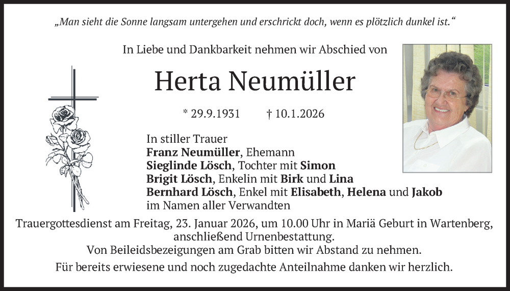  Traueranzeige für Herta Neumüller vom 20.01.2026 aus merkurtz
