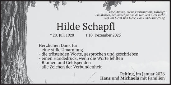 Traueranzeige von Hilde Schapfl von merkurtz