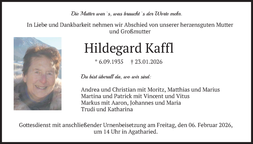  Traueranzeige für Hildegard Kaffl vom 31.01.2026 aus merkurtz