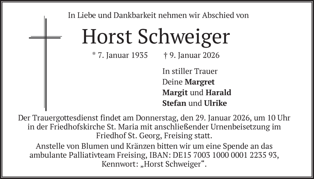  Traueranzeige für Horst Schweiger vom 24.01.2026 aus merkurtz