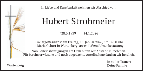 Traueranzeige von Hubert Strohmeier von merkurtz