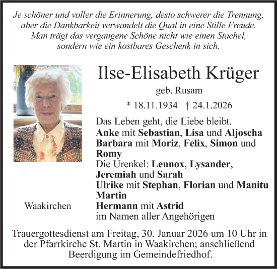 Traueranzeige von Ilse-Elisabeth Krüger von merkurtz