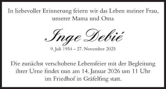 Traueranzeige von Inge Debié von merkurtz