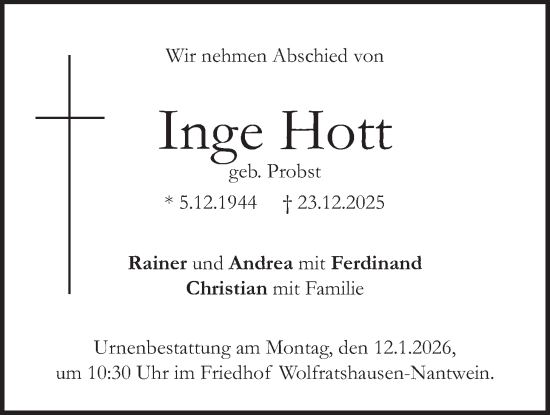 Traueranzeige von Inge Hott von merkurtz