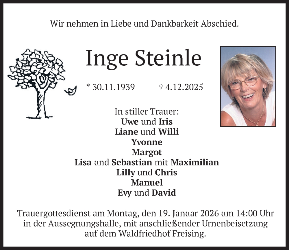  Traueranzeige für Inge Steinle vom 15.01.2026 aus merkurtz