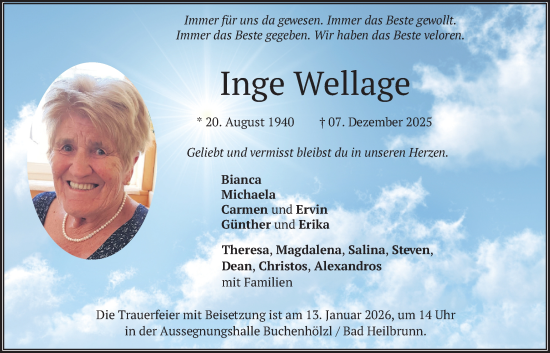 Traueranzeige von Inge Wellage von merkurtz